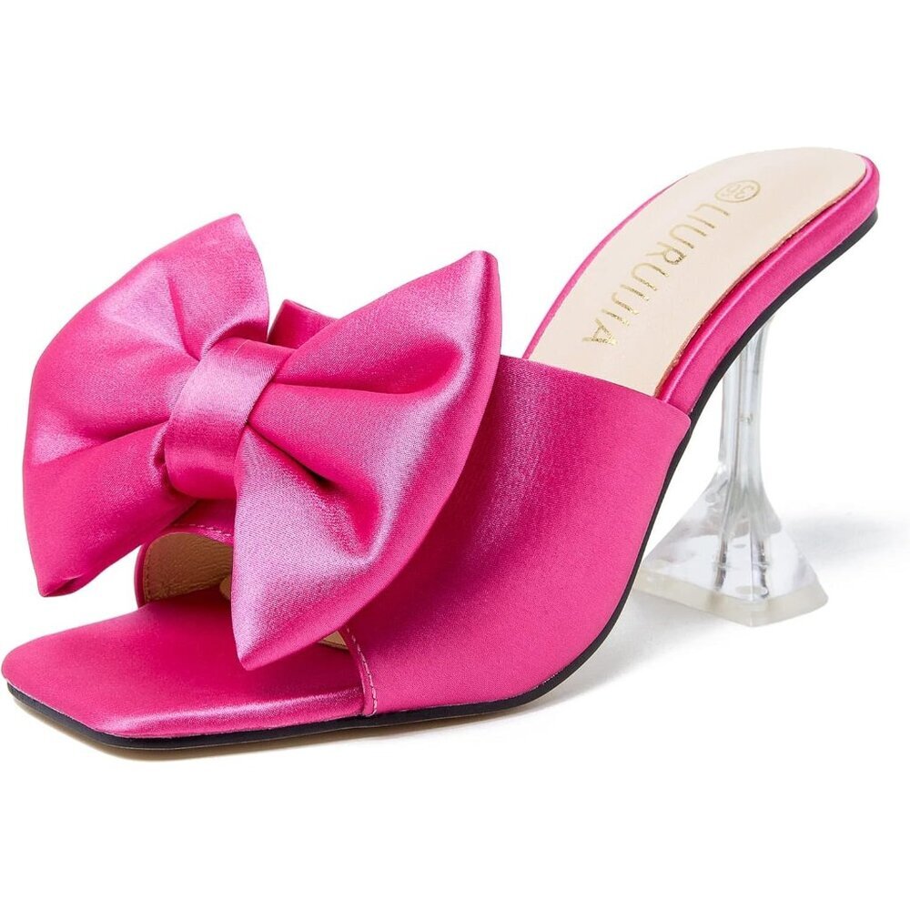 Women's Bow High Heels Mules Dress Sandals Slip On Party Wedding Bridal Hot Pink
